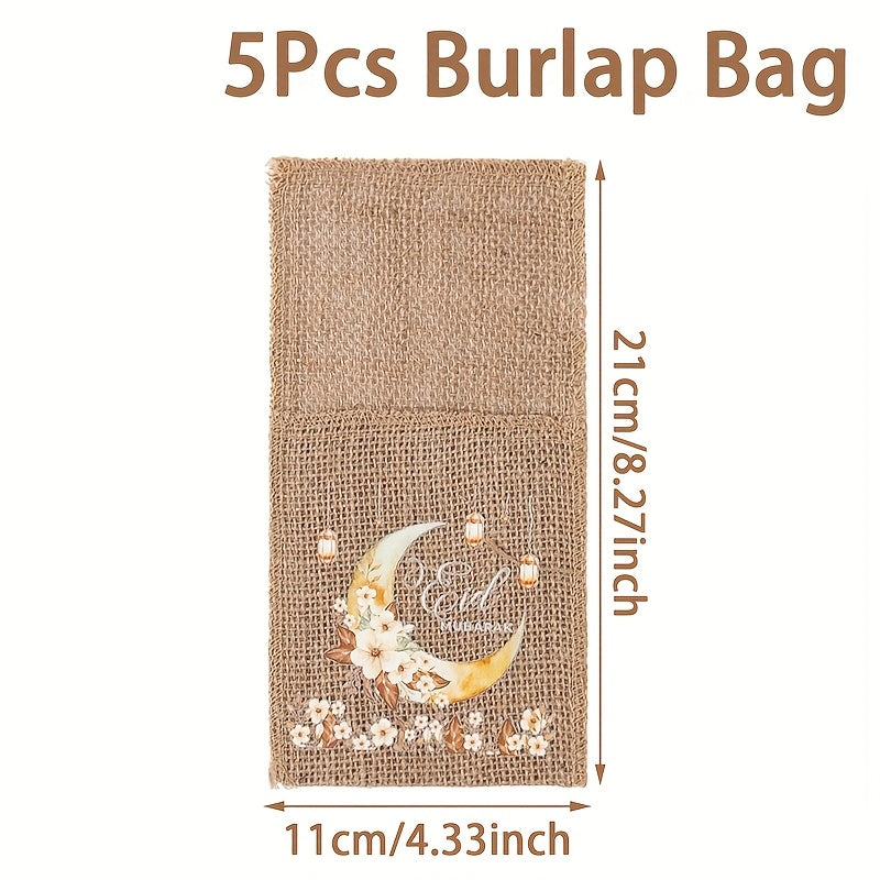 5 Eid Mubarak Burlap Gift Bags with Moon, Lantern & Star Designs for Ramadan Kareem Party Supplies and Islamic Muslim Home Decor. Made of Durable Linen Material with an Elegant Burlap