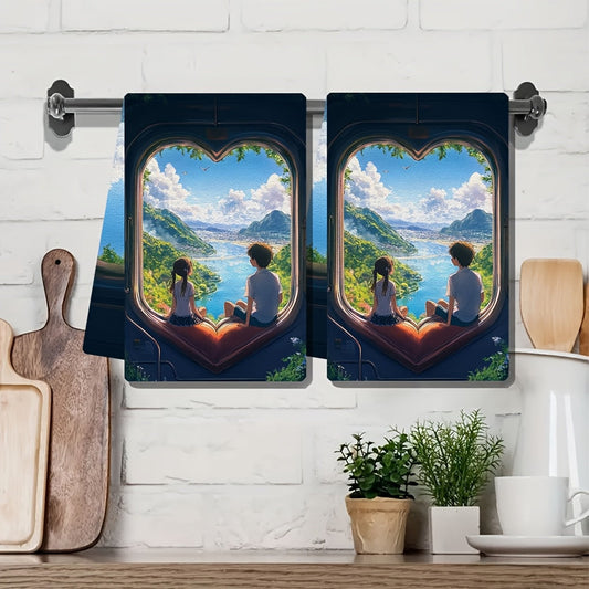 Set of 2 Kitchen Towels - Featuring an Anime Couple Sitting on a Heart Shaped Train Seat, Gazing at a Beautiful Landscape Through the Window. These Ultra Soft Towels are Highly Absorbent and Perfect for Holiday Decor. Machine Washable and Measures 16x24