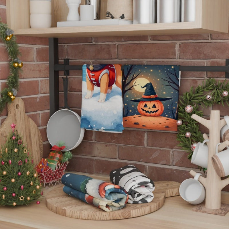 Winter Christmas decoration for your kitchen, featuring a snowman and snowflakes. Set includes 4 pieces measuring 45.72x66.04 cm. Wishing you a Merry Christmas!