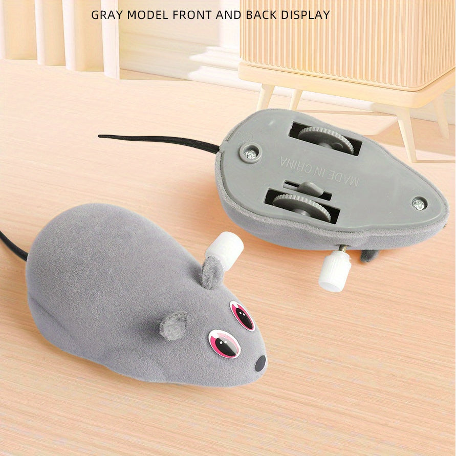 Battery-free plush mouse cat toy with wind-up mechanism, featuring animal print design for interactive fun.