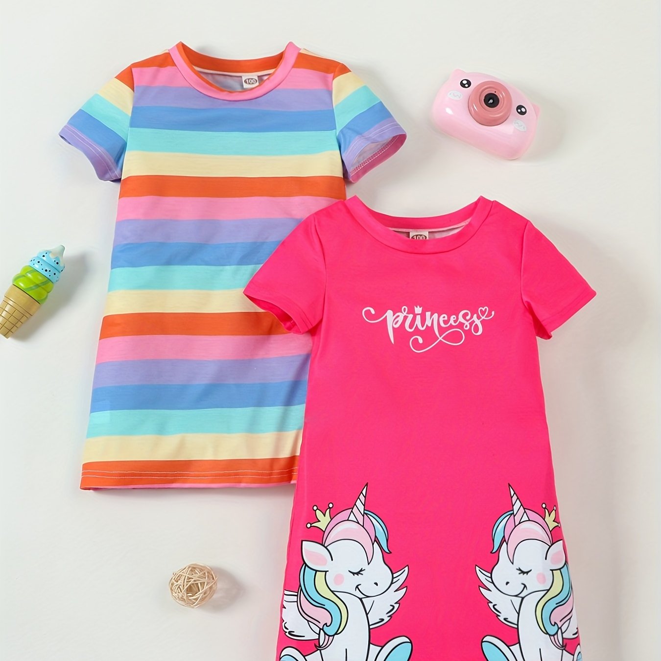 Girls' cat print dress set with round neck and matching t-shirt, ideal for summer casual wear