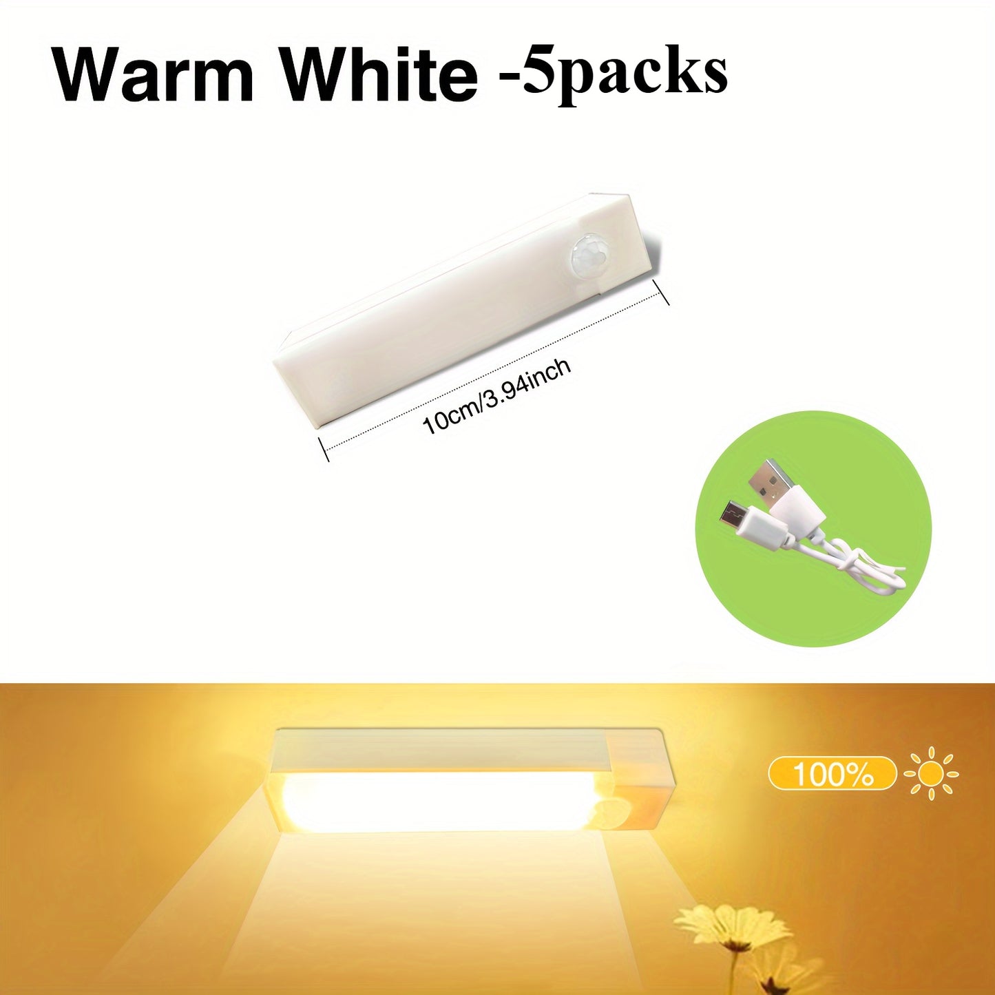 5 Pack LED motion sensor lights with USB rechargeable batteries for wireless undercounter illumination in hallways, kitchens, stairs, and wardrobes. Suitable for home decoration.