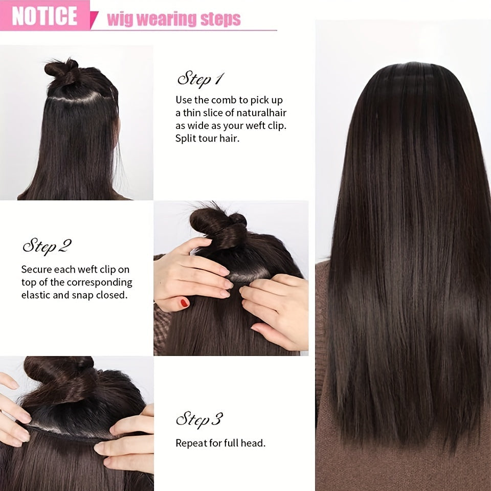 Long synthetic clip-in hair extensions for full head volume and length, easy to wear.