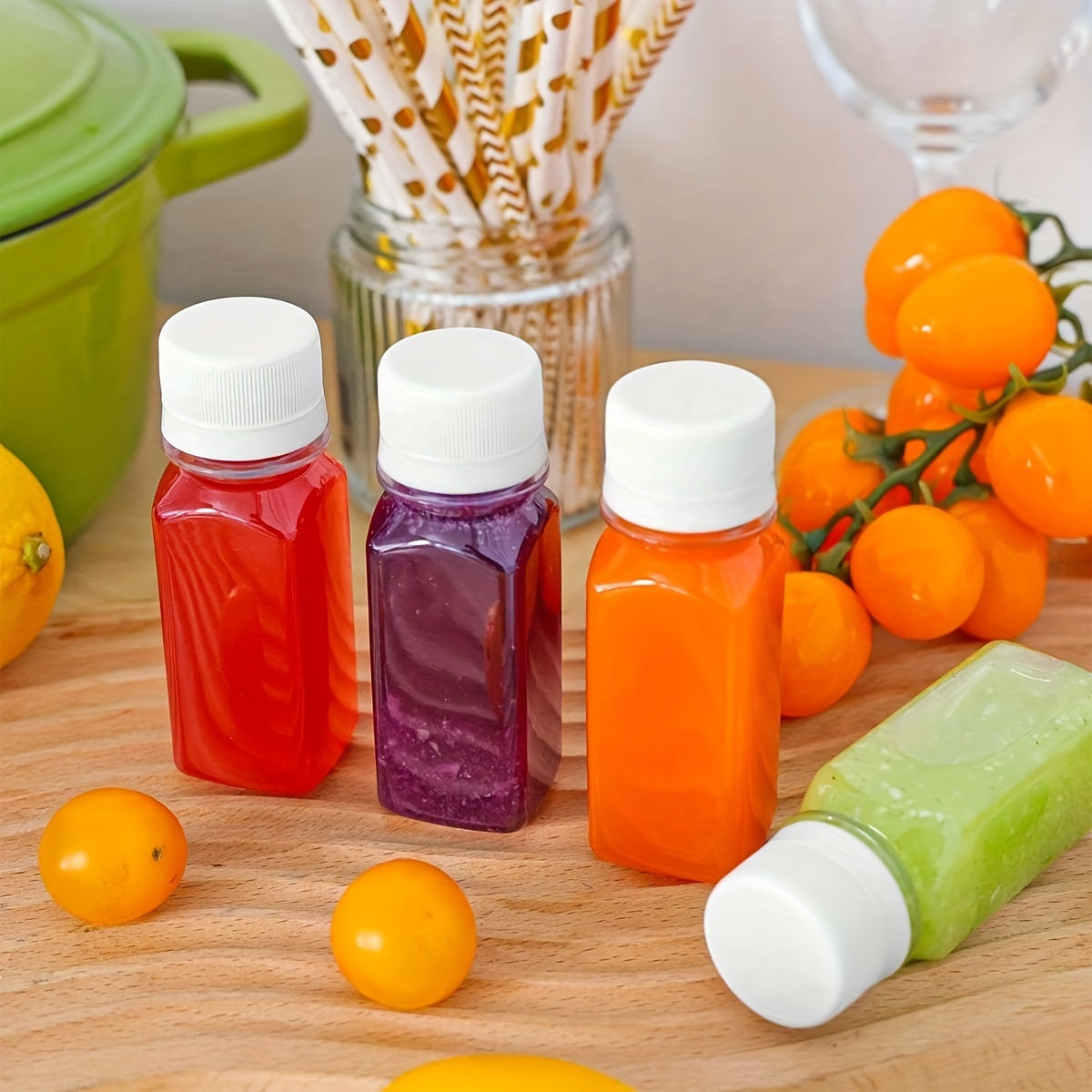 10 square plastic juice bottles with leak-proof caps, hand wash only, PVC-free, ideal for smoothies and juicing.