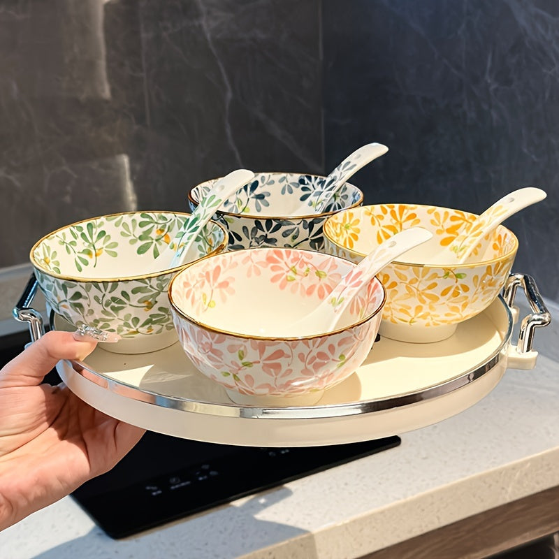 Set of 4 ceramic bowls with floral patterns, versatile for various dishes, safe for dishwasher, oven, and microwave.