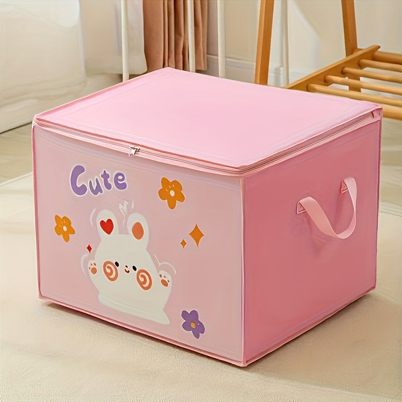 Storage bins for ages 14 and up in cartoon design, perfect for organizing clothes and quilts. These lightweight and portable bins are not waterproof and ideal for toys, seasonal clothing, and household items. Great for moving and packing, these flip top