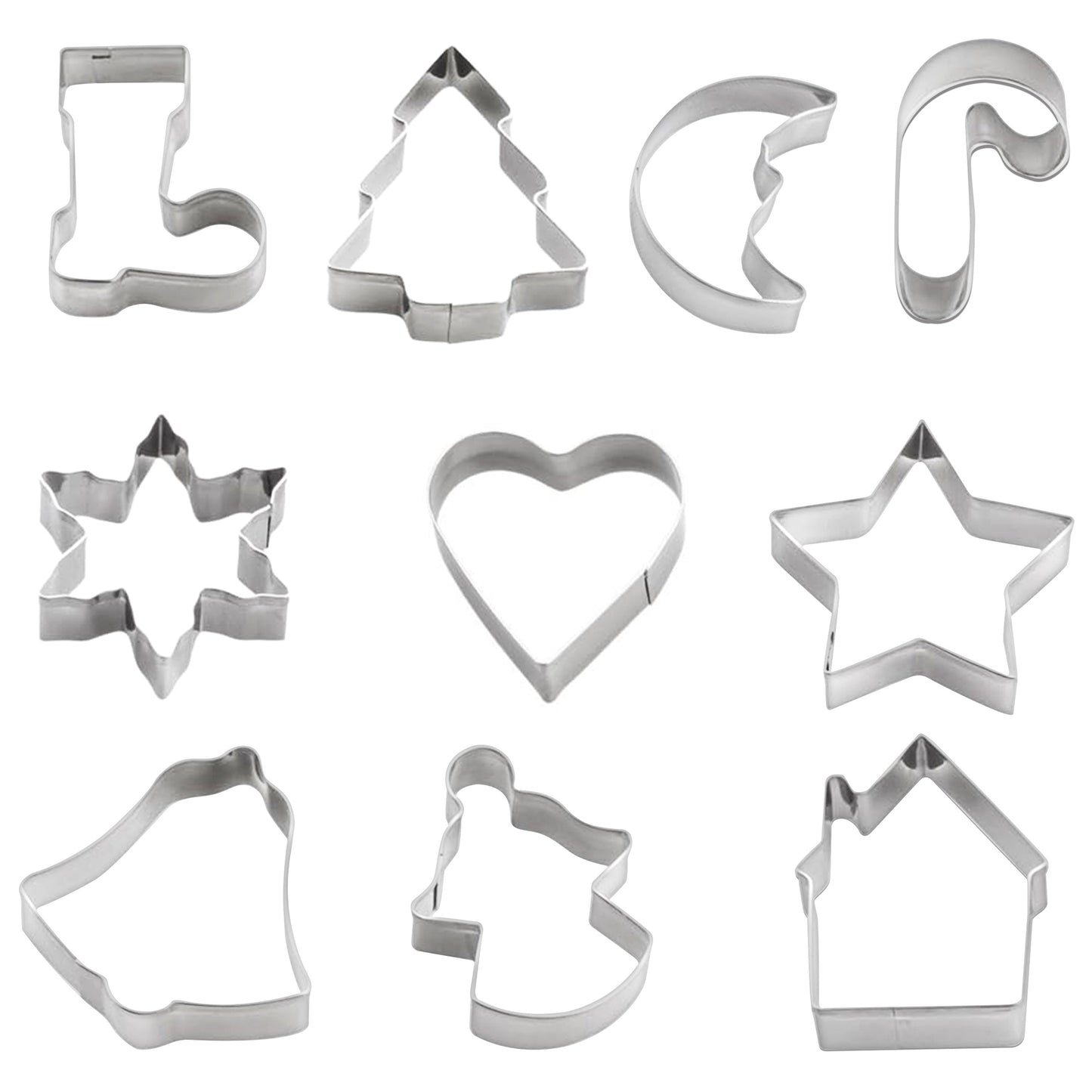 This set of stainless steel cookie cutters and molds has a festive Christmas theme and includes 10 shapes: bell, snowflake, Christmas stocking, crutch, Christmas tree, heart, star, house, moon, and angel.