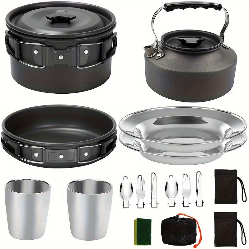 15-piece camping cookware set made of portable non-stick aluminum alloy for outdoor cooking.