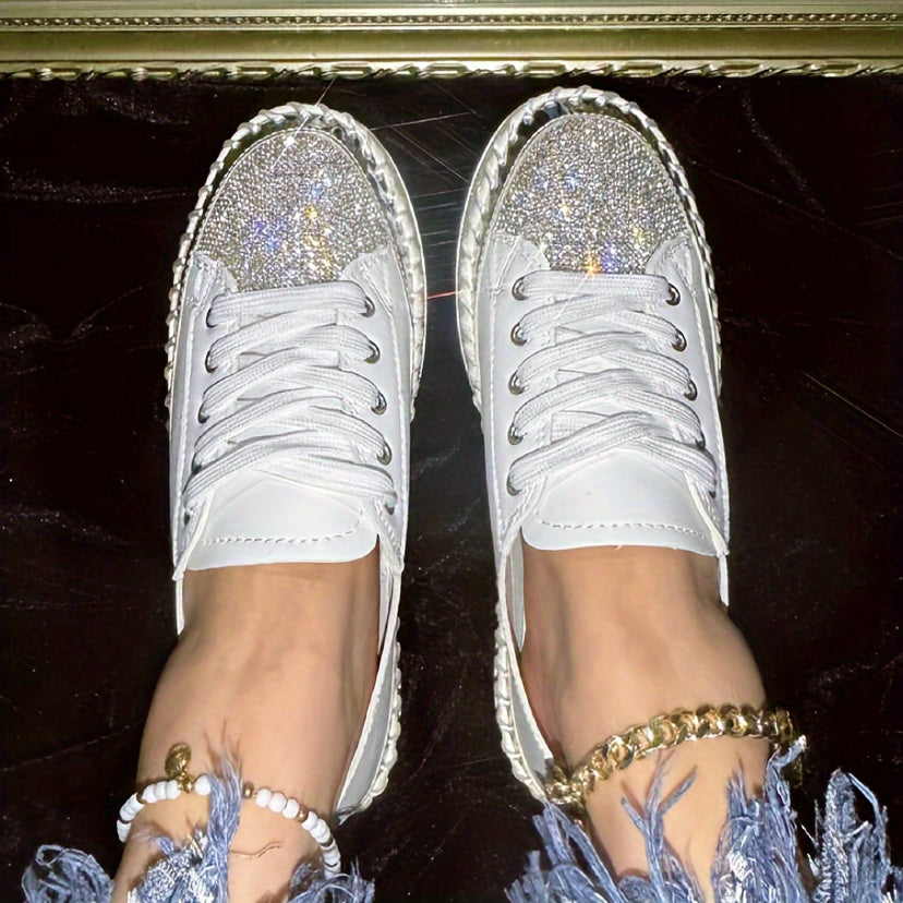 Sparkling Rhinestone Women's Sneakers, Stylish Platform Casual Shoes, Comfortable White Lace-up Flats in Plus Size.