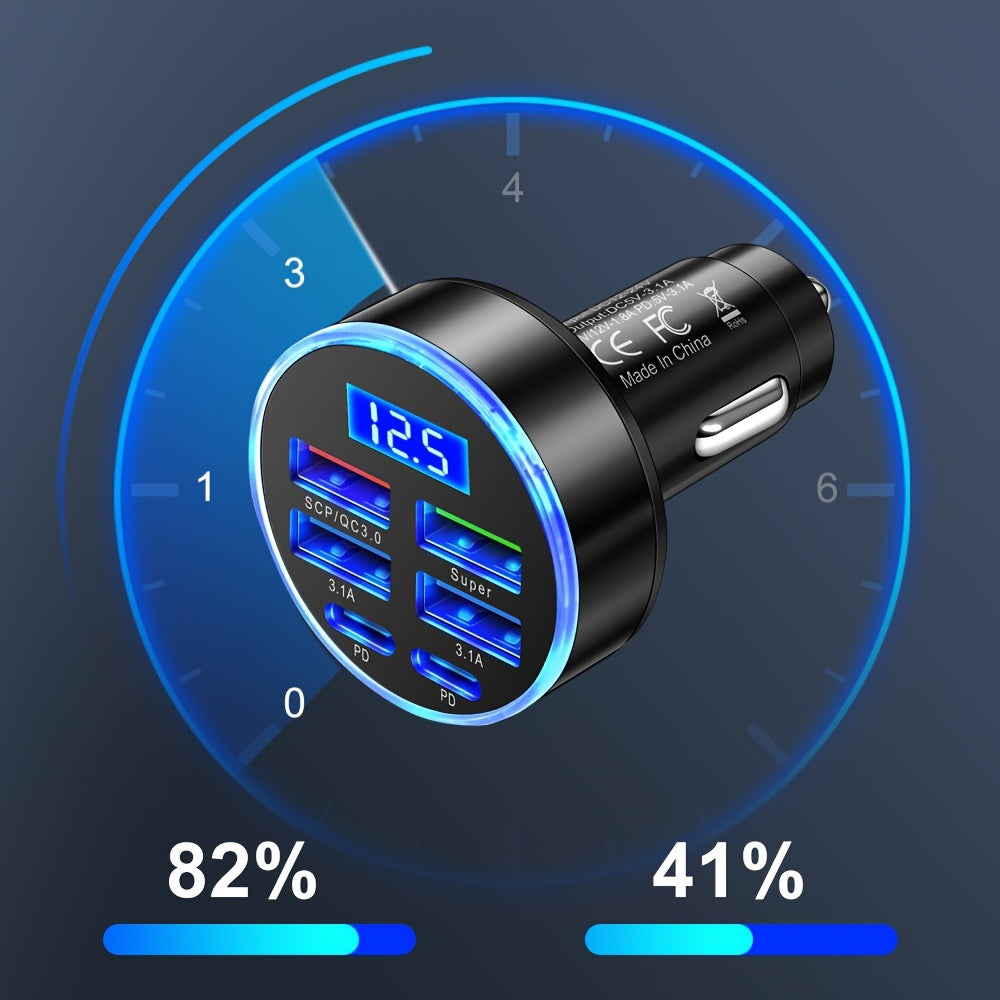 Hianda 6-in-1 USB Super Car Charger with LED Screen, Rapid Charging for 6 Phones