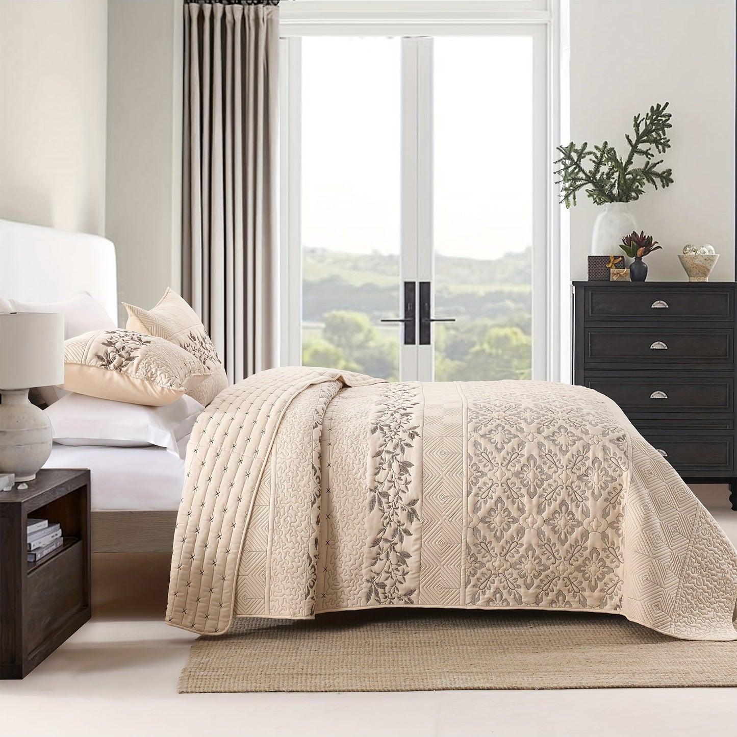 Upgrade your bedroom with the Patchwork Thread Advanced Embroidered Quilt Cover 3-piece Set. This stylish set includes a light double bed cover featuring a beautiful flower pattern, perfect for adding a touch of summer coolness to your room. The set