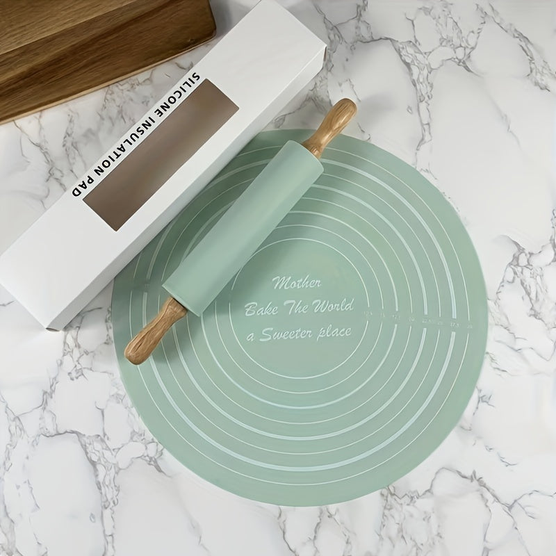 Set of 2, Rolling Pin and Pastry Mat. Includes a rolling pin with a wooden handle and a silicone pastry mat. Perfect for baking enthusiasts, this set is a must-have kitchen tool. Ideal for creating delicious pastries and baked goods. Enhance your kitchen