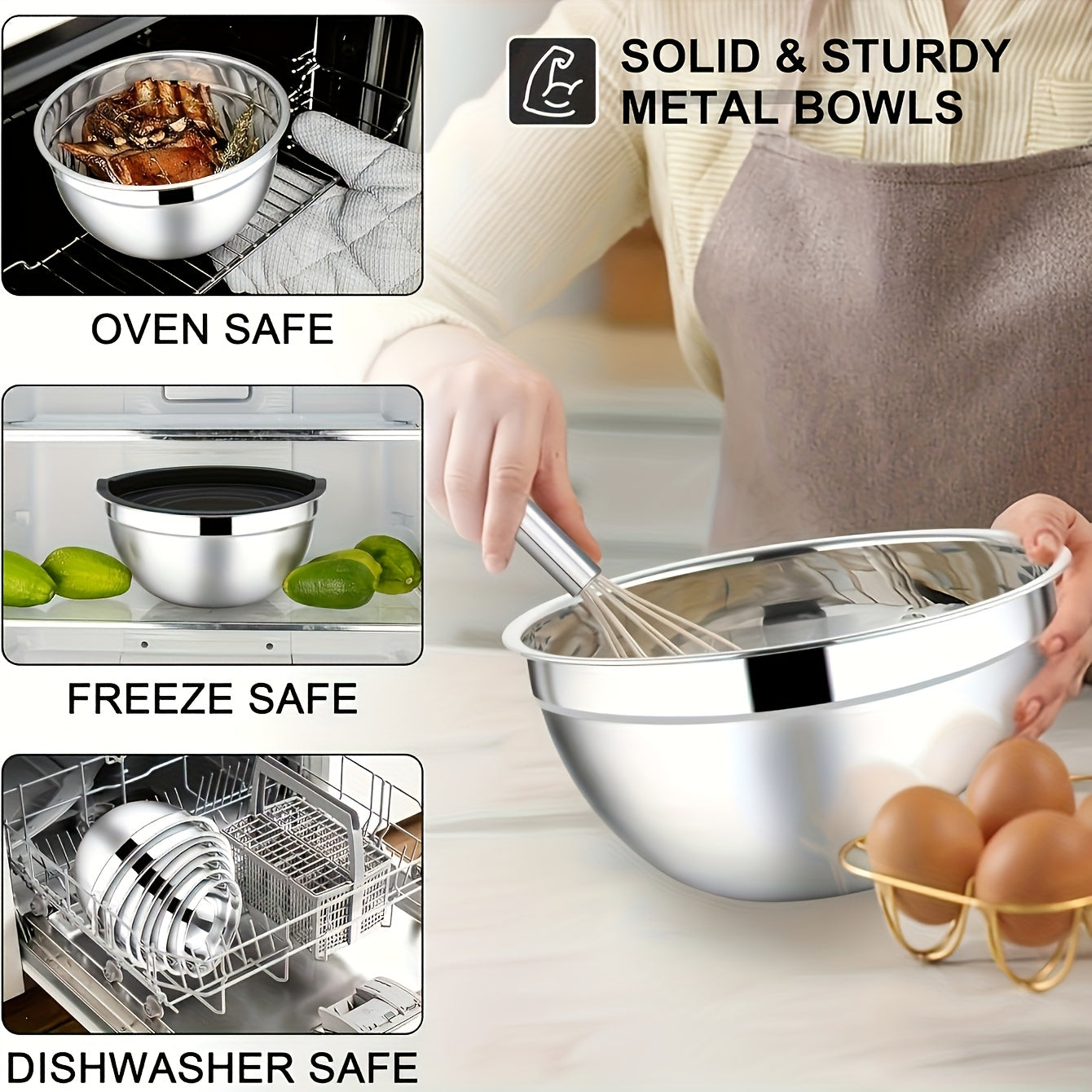 Set of 7 stainless steel mixing bowls with sealed black lids and 3 flossing tools. These nesting bowls are perfect for various kitchen tasks including baking, serving, cooking, dishwashing, and more. Can be used as a fruit bowl, noodle bowl, or any other