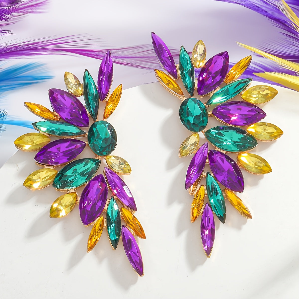 Luxurious Mardi Gras Sparkling Irregular Geometric Rhinestone Earrings in Pair, Bohemian Dangle Earrings in Purple, Green, and Yellow, Made with Zinc Alloy and Stainless Steel Posts, Ideal Holiday Gift for Women.