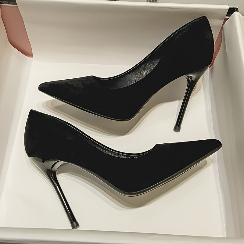 Black pointed toe stiletto pumps for women, perfect for work commuter shoes.