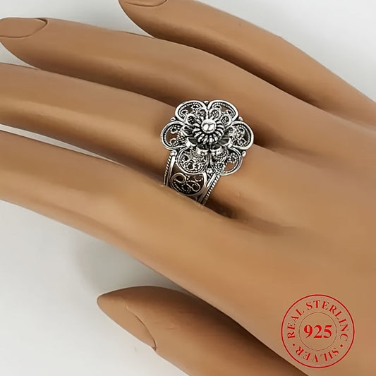 Handcrafted Bohemian Style 925 Sterling Silver Daisy Ring with Hollow Design - Features a Polished Finish, Ideal for Weddings and Parties, Comes with a Gift Box - 925 Silver, Perfect for Bohemian Fashion.