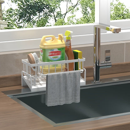 Set of organizer caddy for kitchen sink with towel bar, drip tray, and faucet drainer. Plastic sink storage rack for sponges and scrubbers. Hanging holder with towel rack, non-electric. 1 set included.