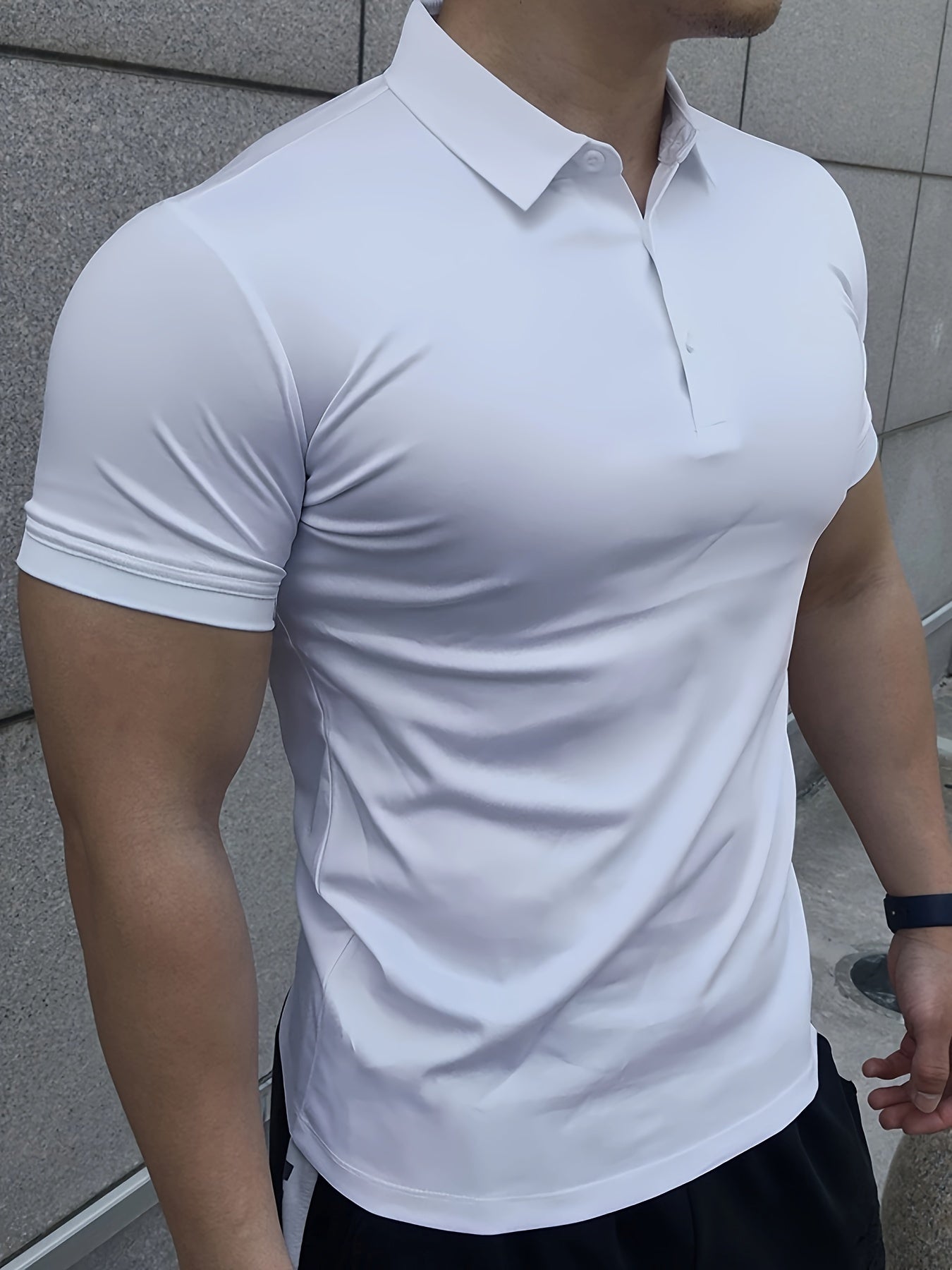 Men's Performance Athletic T-Shirt - 100% Polyester, Casual Collar, Medium Stretch, Solid Color, Summer Season, Button Detail, Slim Fit, Knit Fabric, Quick-Dry, Breathable Top