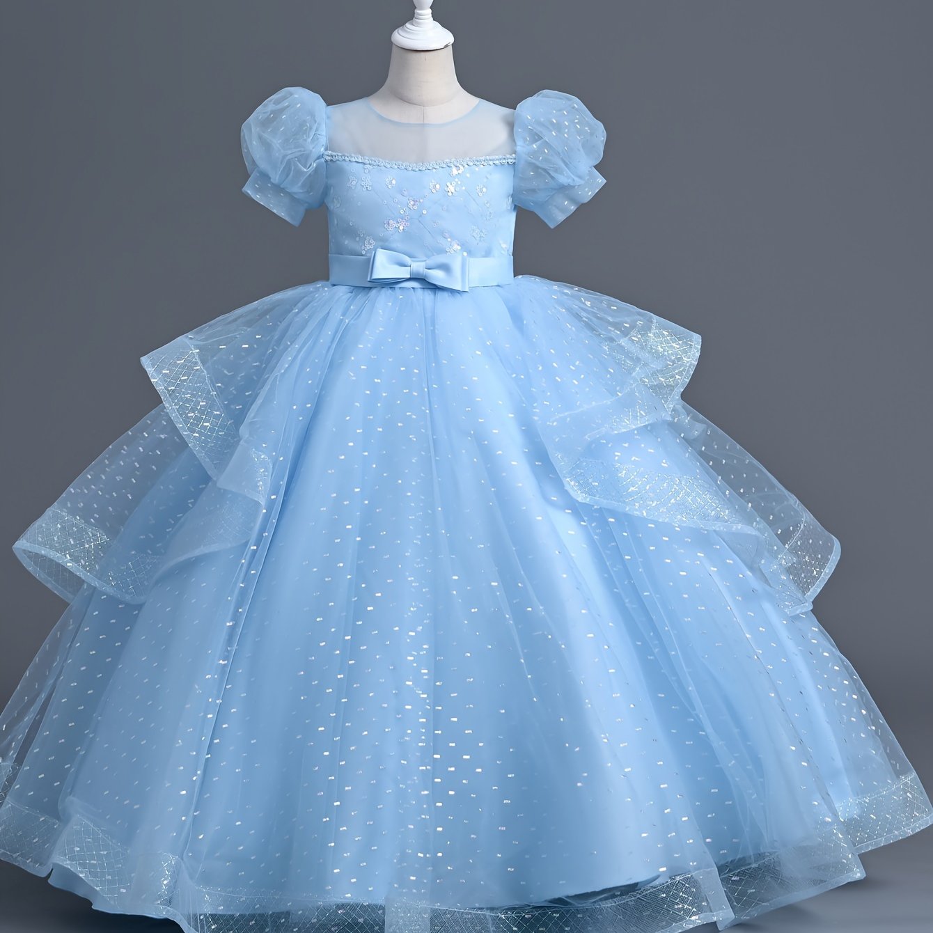 Polyester ball gown dress for girls, featuring a solid color tent silhouette with contrast mesh, crew neck, lantern short sleeves, non-stretch fabric, includes belt. Perfect for all-season