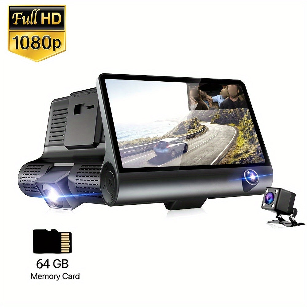 4-Inch Large Screen HD DVR Car Recorder with Front, Rear, and Interior Cameras, 1080P Full HD Video, 64GB Memory Card Included, Cigarette Lighter Powered, Fit for Cars