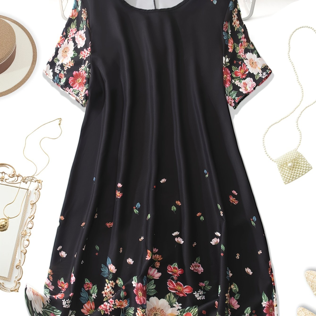 Plus Size Floral Print Loose Dress for Spring & Summer - Women's Casual Short Sleeve Clothing