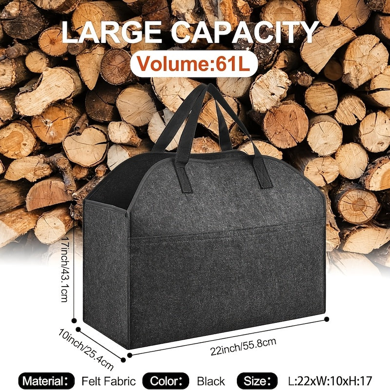 A durable and waterproof firewood tote bag made of non-woven fabric, measuring 55.88cm x 25.4cm x 43.18cm. This portable log carrier is perfect for various purposes and can be hand washed. Features a sleek no-print design.