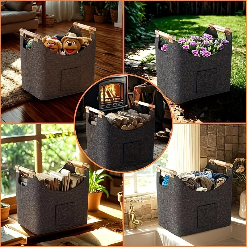 Durable PET Material Firewood Basket in Extra Large Size, Dark Grey, with Reinforced Handles and Foldable Wooden Storage Bag for Wood, Newspaper, or Shopping - Measures 32x50x40cm