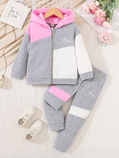 Girls' Colorblock Letter Print Hoodie & Joggers set. Long sleeve knit fabric. Perfect for Fall/Winter, outdoor activities.