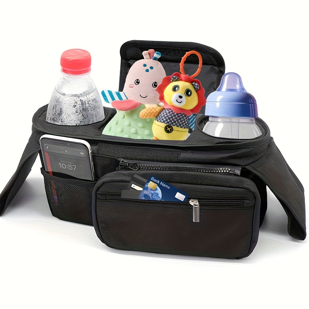 Black Stroller Organizer with Big Capacity - Versatile Storage Bag with Convenient Diaper and Bottle Pockets