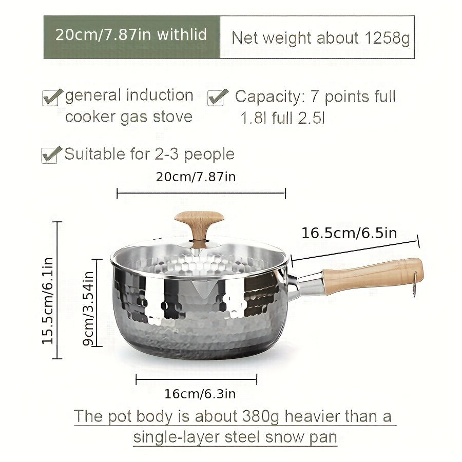 A small soup pot for home use without power supply made of 304 brushed finish stainless steel, featuring a wooden handle and induction compatibility