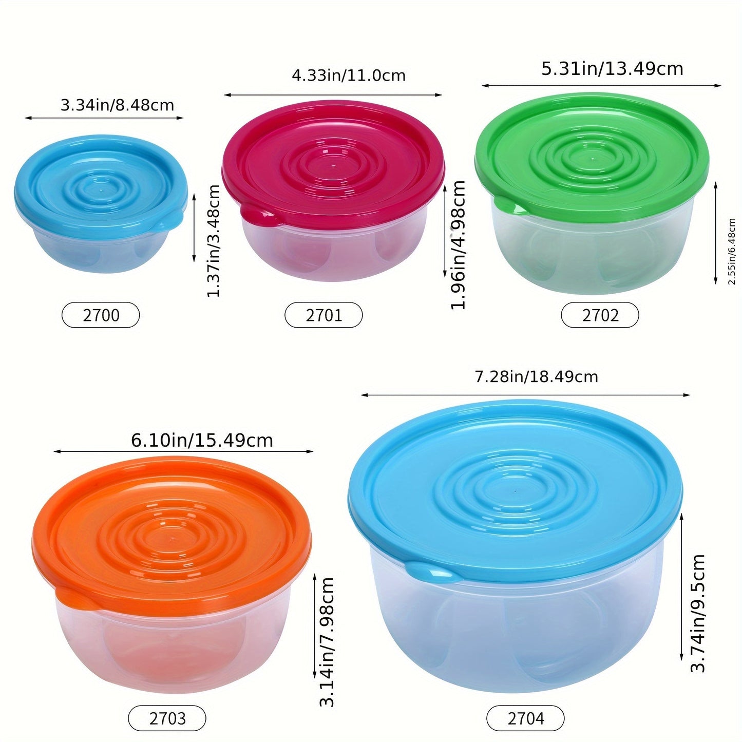 A collection of five plastic food storage containers, featuring round, square, and rectangular shapes with clear lids. Ideal for keeping food fresh in the refrigerator or storing leftovers, these microwave-safe containers are spacious and perfect for