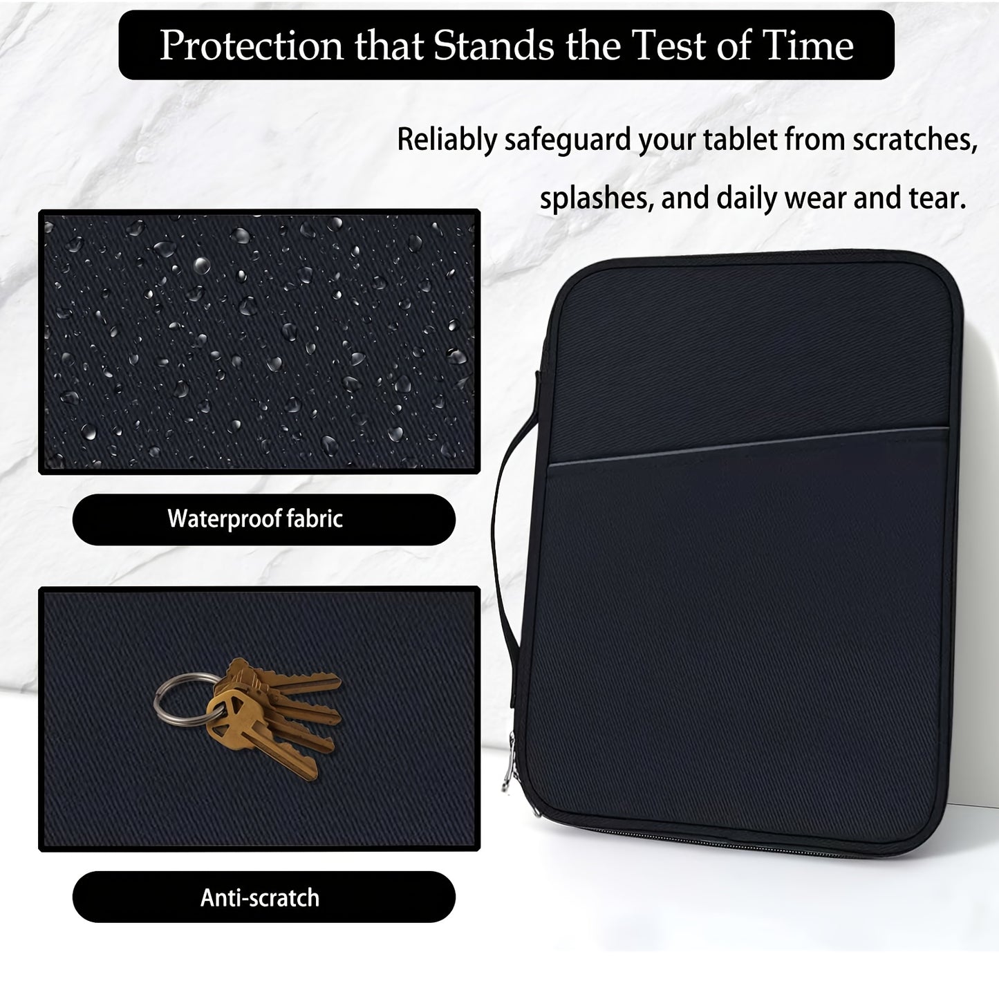 Waterproof tablet sleeve case with handle and front pocket made of durable polyester. Compatible with various tablets such as iPad, Kindle, Samsung Galaxy, and Android tablets. Available in