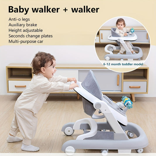 Grey Baby Walker with Adjustable Height, Wheels, Anti-Io Legs, Auxiliary Brake, Multi-Functional Learning Car for 6-18 Months Toddler, Anti-Rollover First Steps Push Toy