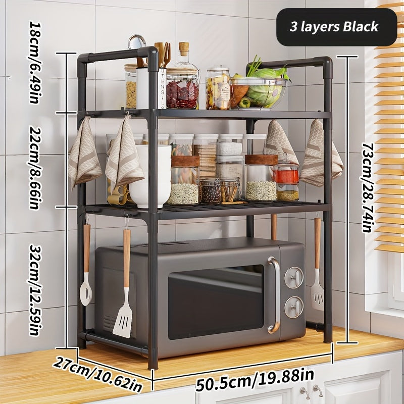 Multi-functional Kitchen Organizer with Handle & Hooks - Durable Plastic/Metal, Adjustable Shelves for Organizing Microwave, Oven & Other Items - Ideal for Countertops, Bedroom & Bathroom Storage Needs