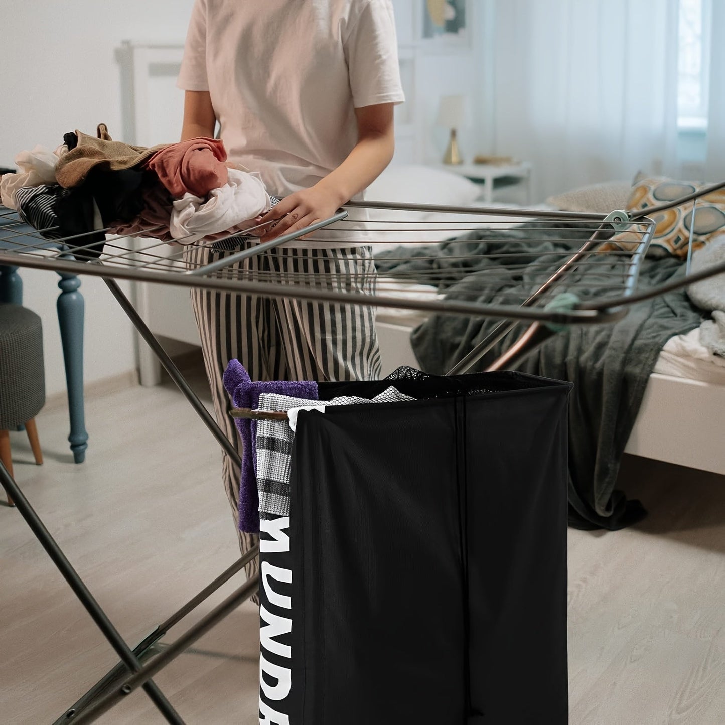 Contemporary Grey Laundry Hamper with Wheels and Handle, Tall Slim Design, Collapsible Basket for Dirty Clothes, Mesh Liner, Ideal for Different Room Settings - Laundry Baskets