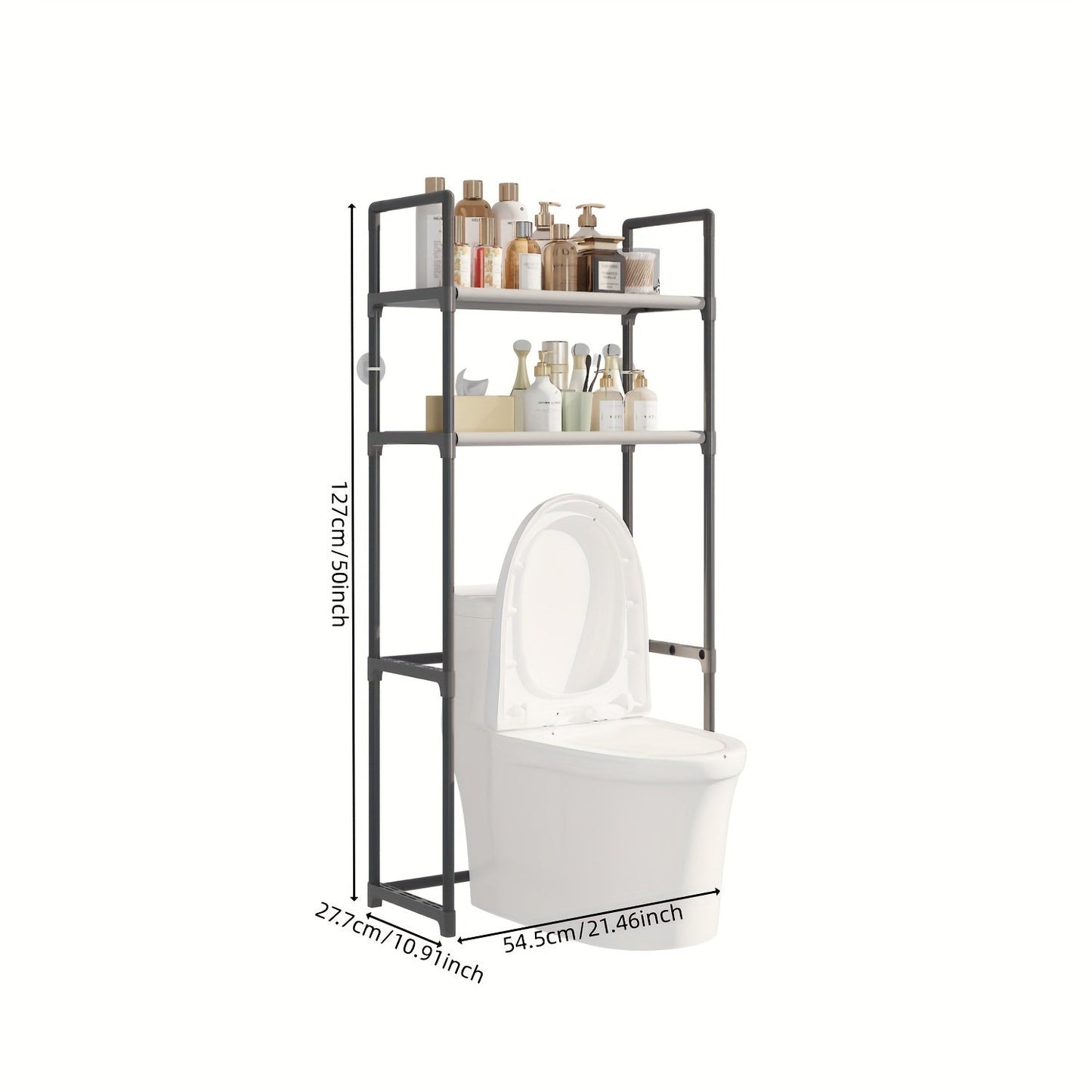 Black Metal and Plastic Frame Over-the-Toilet Bathroom Space Saver Organizer with Adjustable Shelves | Floor Mount Storage Rack | Easy Assembly | Non-Electric | 1 Piece Pack