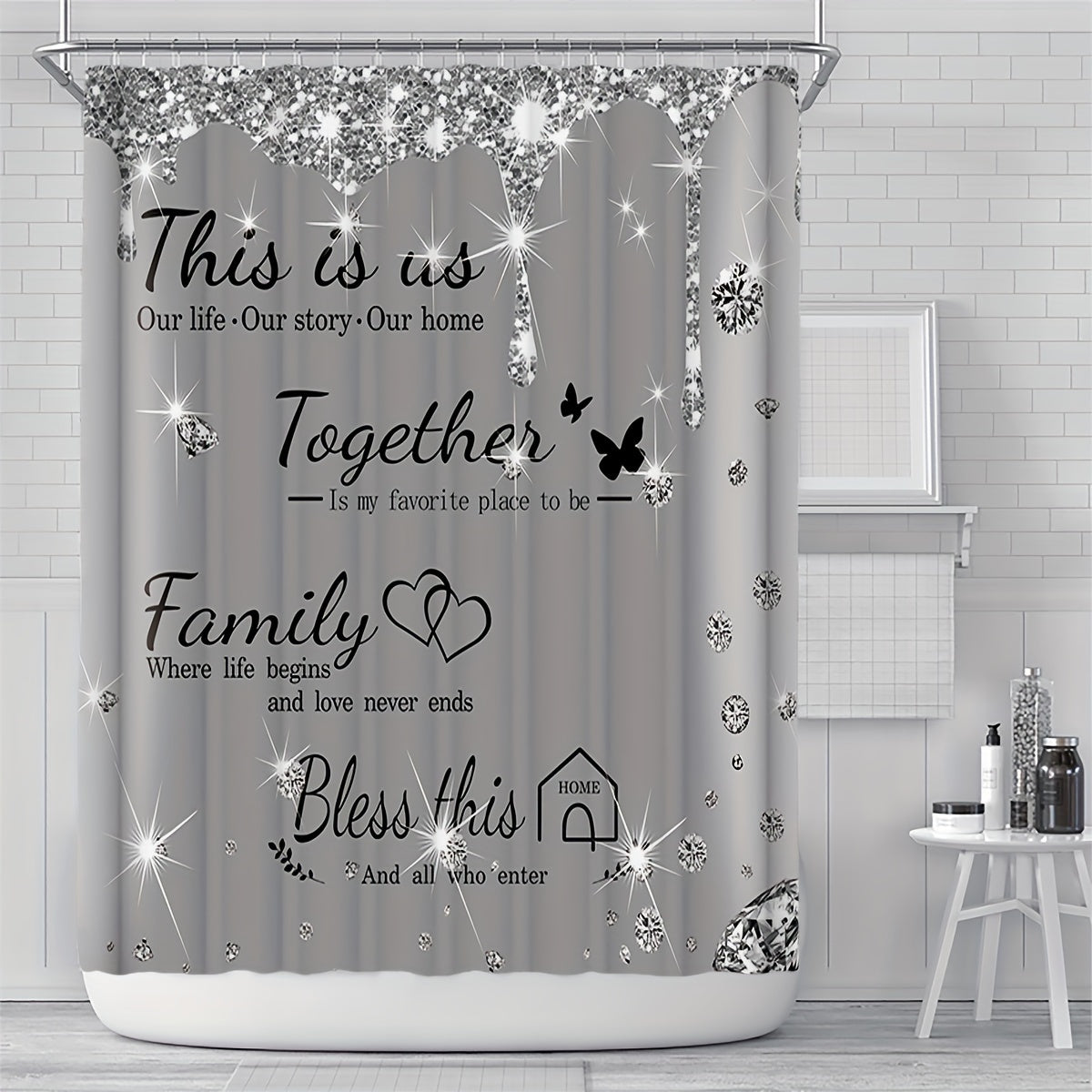 Set of 4 gray shower curtains with diamond letter print, bath mats, non-slip carpet, toilet lid cover, and bathtub partition for luxurious bathroom decor.