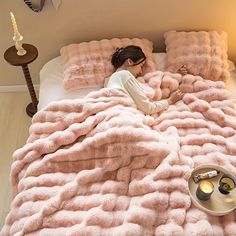 Soft and Cozy Plush Throw Blanket - Luxuriously Thick and Reversible Bubble Fleece Ideal for Travel, Sofa, Bed, and Home Decor - Easy Care, All-Season Comfort in White - Machine Washable.