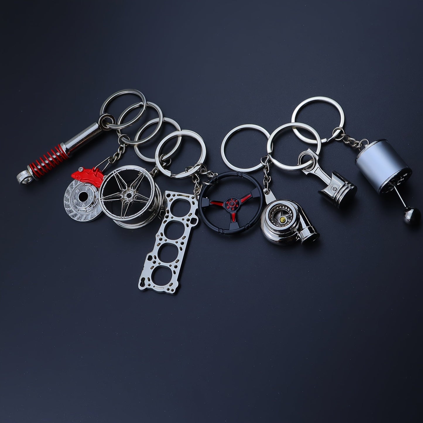 Car Enthusiast Keychain Set - 8 Pieces of Sleek Black Zinc Alloy Keychains, Showcasing Engine Components and More - Ideal Gift for Men