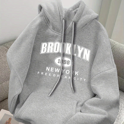 BROOKLYN 1989 FREEDOM CITY Print Men's Drawstring Long Sleeve Hoodie Sweatshirt with Kangaroo Pocket for Daily Wear.