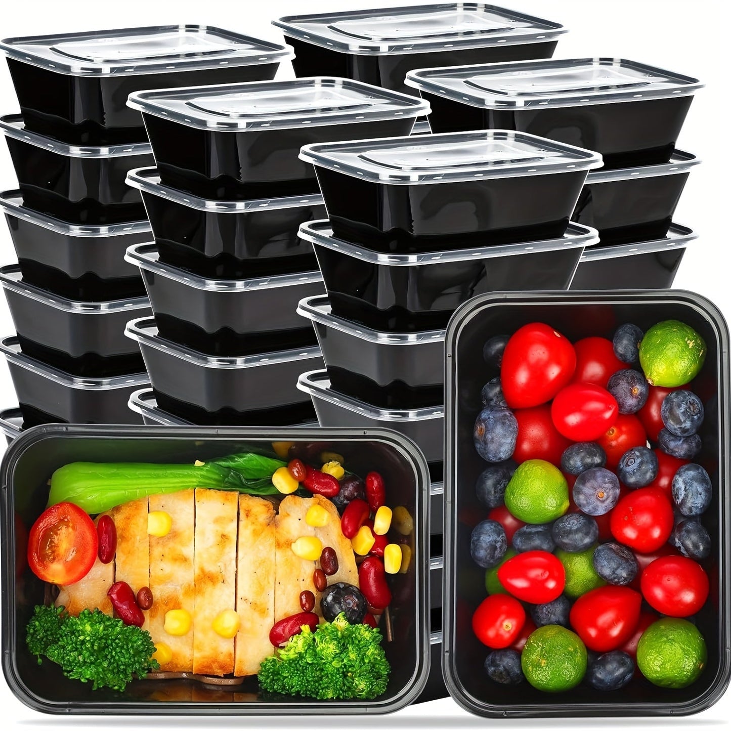 30 pieces of plastic black boxes with lids in 17, 22, and 26 ounce sizes. These rectangular food storage containers are BPA free and come with leakproof covers. They are stackable and microwave-safe, making them ideal for storing food. Perfect for use as