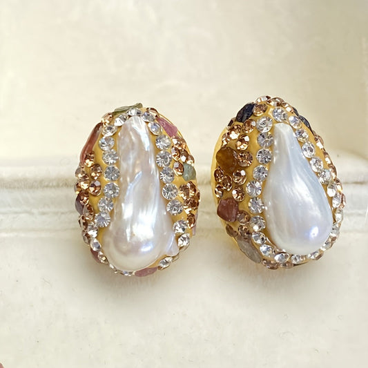 Pair of Vintage Boho Freshwater Pearl Stud Earrings featuring Czech Crystals & 925 Sterling Silver Posts - Ideal for Everyday Wear or Gifting