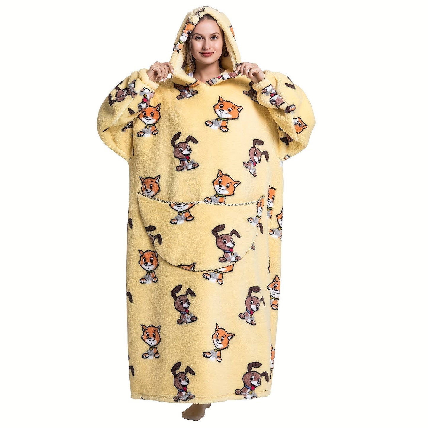 Super warm and cozy fleece oversized hoodie blanket with sleeves for adults. This wearable blanket hoodie features a giant pocket and is perfect for staying extra warm on cold days. Makes a great gift for women, men, and moms.