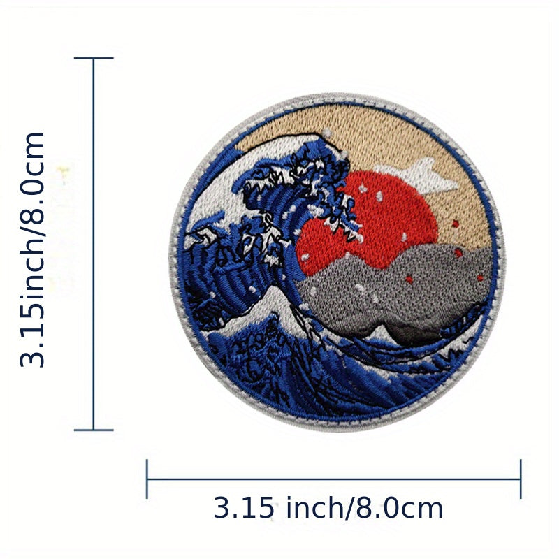 1 set of 3 Ukiyo-e embroidered stickers for men, featuring the Shennai Chuanda wave design. Perfect for decorating clothing such as jackets, jeans, trousers, backpacks, and caps.