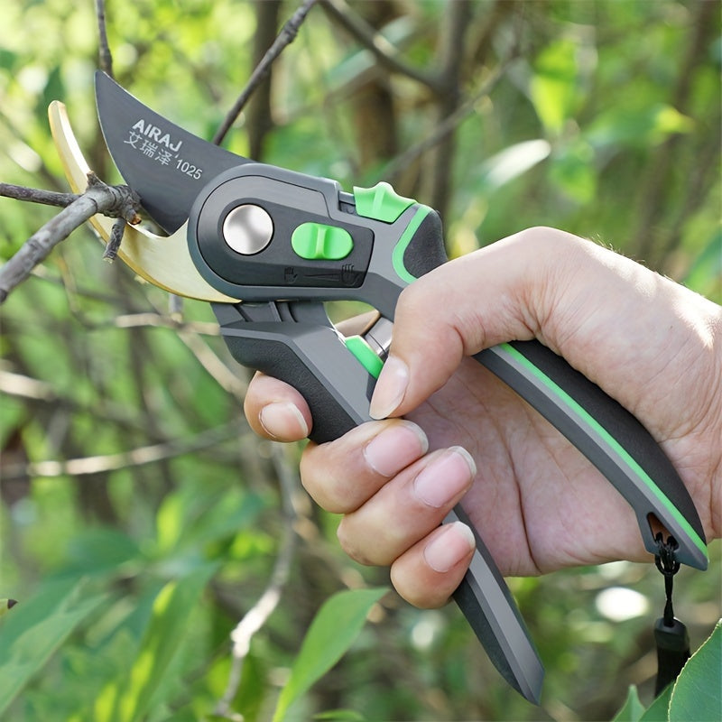 AIRAJ Pruning Shears: Professional Grade with Sk5 Steel Blade, Safety Lock, Ergonomic Grip, Adjustable Opening, Non-Slip Handles.