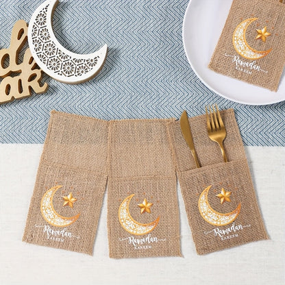 5 Eid Mubarak Burlap Gift Bags with Moon, Lantern & Star Designs for Ramadan Kareem Party Supplies and Islamic Muslim Home Decor. Made of Durable Linen Material with an Elegant Burlap