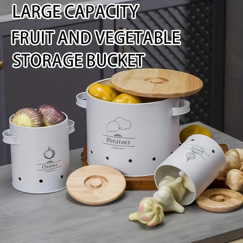 Set of 3 Metal Food Storage Containers with Wooden Lids and Handles - Perfect for Storing Potatoes, Onions, and Garlic - Versatile Kitchen Organization Canisters