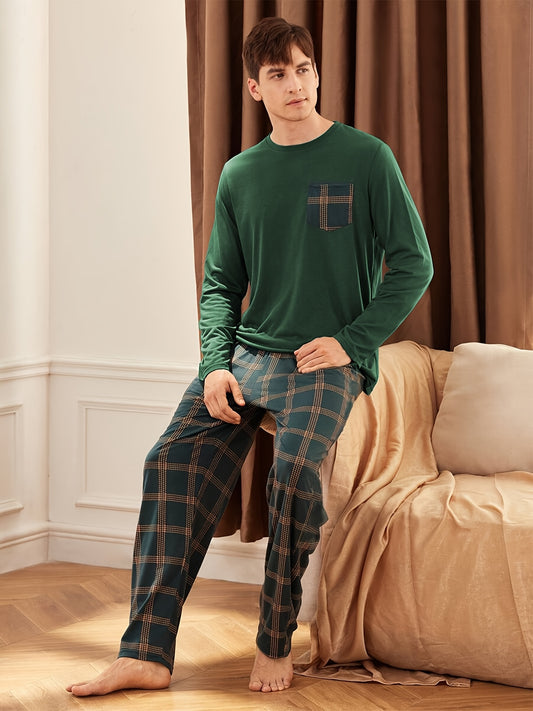 Dark green men's long-sleeve shirt and plaid trousers pajama set