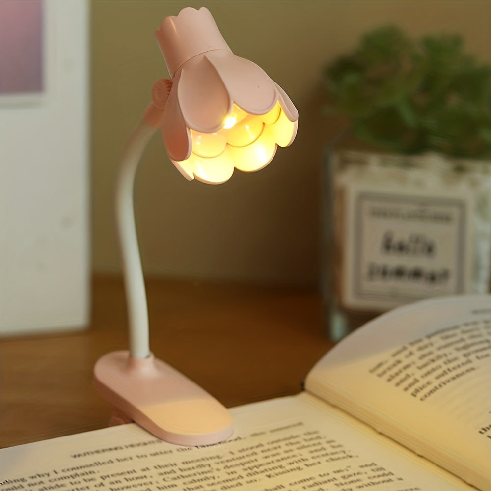 Portable Creative Flower Shaped Clip-on Book Light with Adjustable Arm and LED Mini Lamp, Ideal for Reading and Desktop Decoration. Comes with Battery.