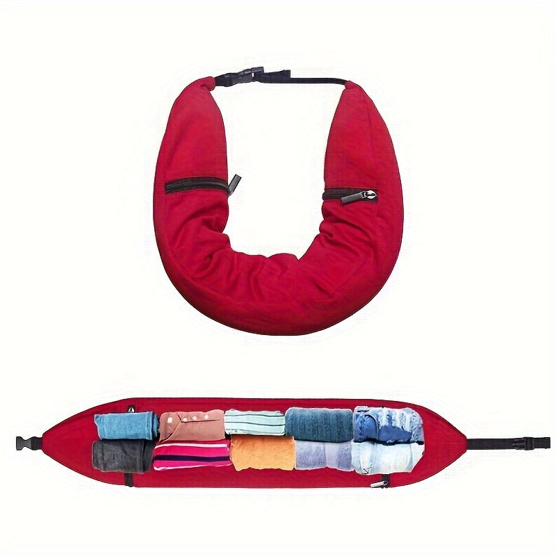 Travel comfortably and efficiently with the Portable 3-in-1 Neck Pillow, featuring built-in clothes storage. Made with a soft knitted polyester cover that is easy to spot clean with no printing, this lightweight pillow weighs only 250-300 gsm. An